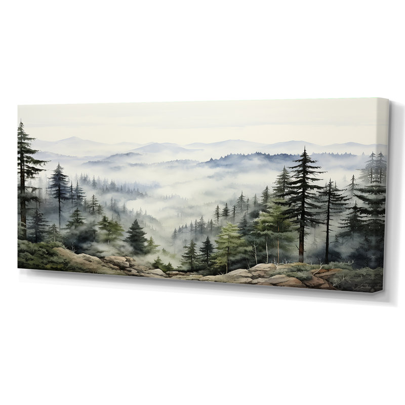 «Pine Tree Misty Mountain I», art sur toile de pin, H 28 po x l 60 po, Toile tendue, Sans cadre