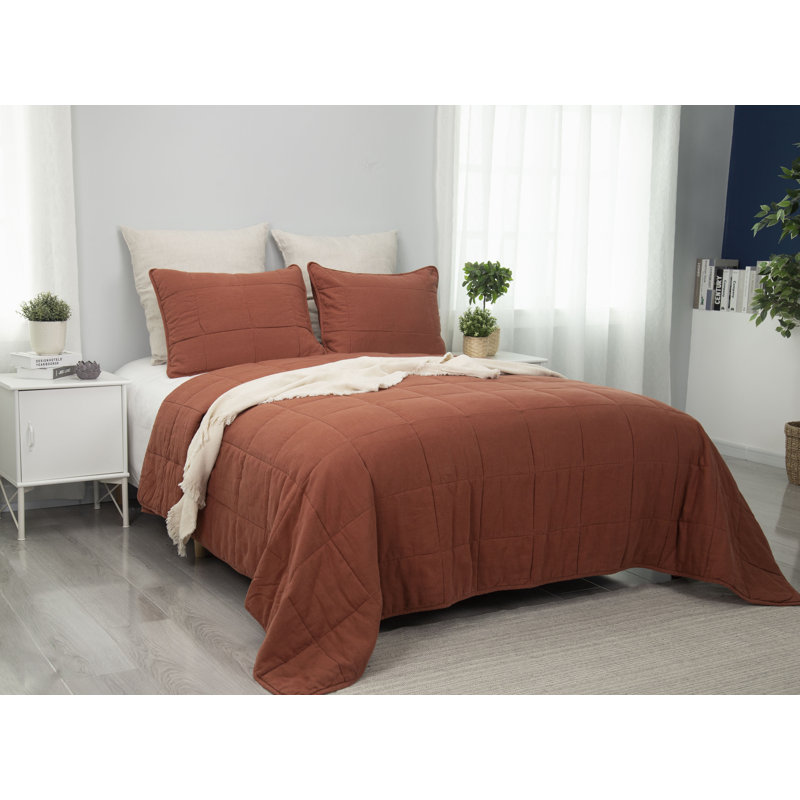 Stone Washed Linen Blend Box Stitch Quilt and Pillow Shams Set, Cayenne, Queen Quilt + 2 Shams