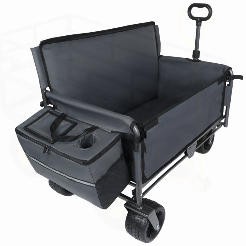 Chariot pliable 3-en-1 avec banquette et rangement, roues tout-terrain robustes, idéales pour le camping, la plage et les événements extérieurs