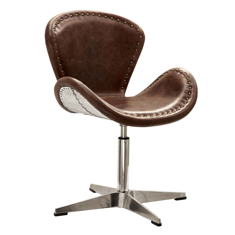 Fauteuil d'appoint Brancaster avec pivot, cuir fleur rétro brun et aluminium, Dark Brown