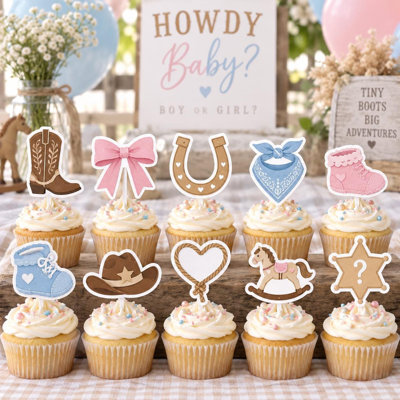 Boots or Bows Cupcake Toppers, Gender Reveal Party Decor, Set of 10 Cardstock Toppers