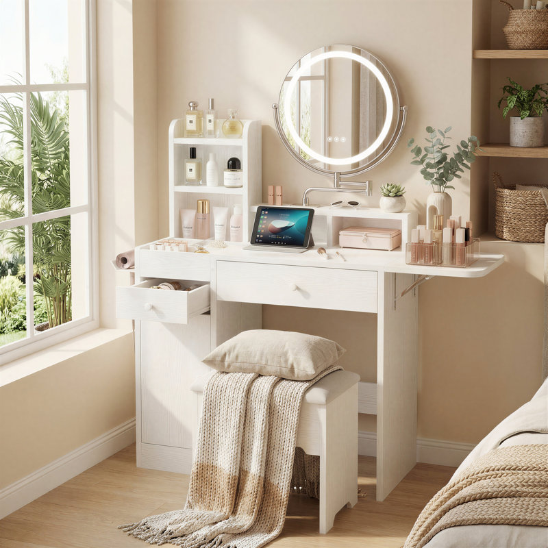 Vanity Makeup Desk With Led Lights And Rotatable Mirror, Vanity Desk With 2 Drawers, 6 Slot Compartments, Foldable Tabletop, Storage Stool, Power Outlets, Hair Dryer Holder, White