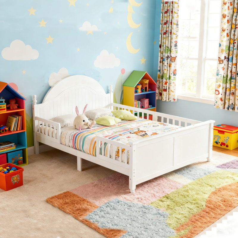 Lit plateforme pour tout-petits en bois avec tête et pied de lit en bois, blanc, Blanc, Lit double