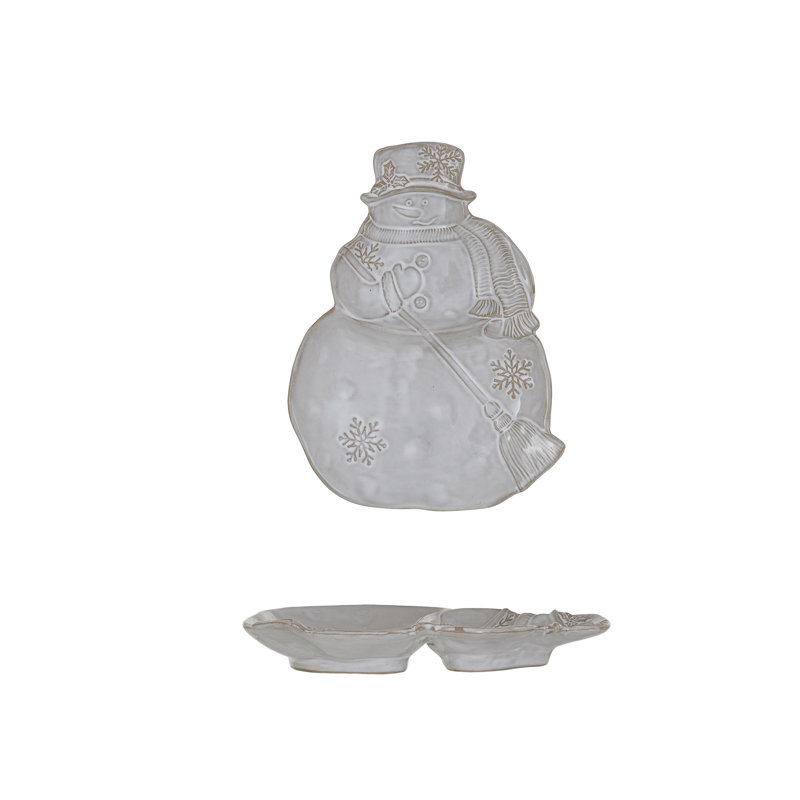 Stoneware Snowman Shaped Plate With Snowflakes And Broom With Reactive Glaze