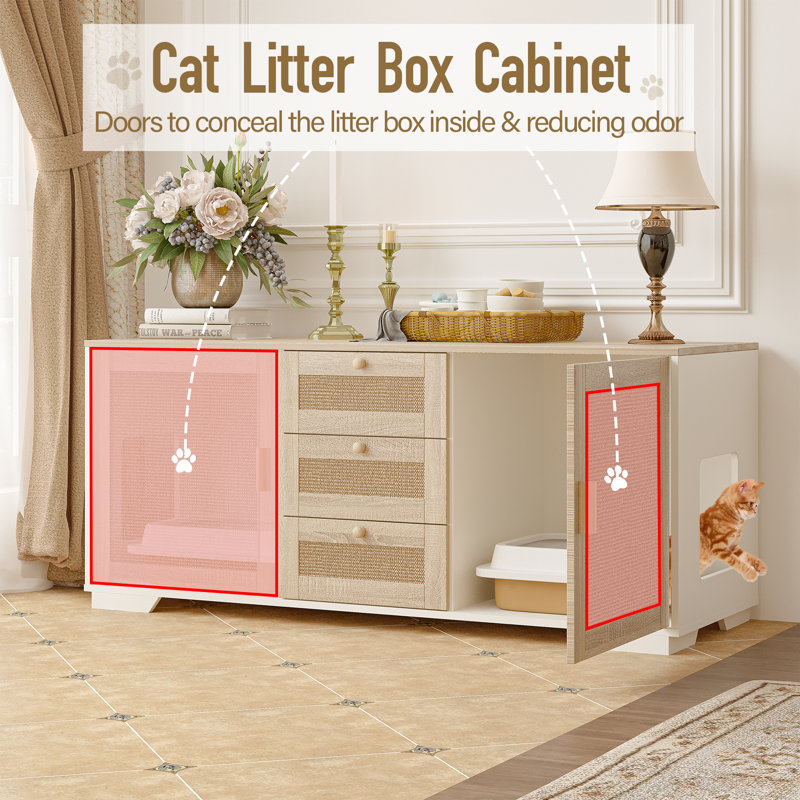 Natural Wood Cat Litter Box Enclosure with Scratching Pad and Drawers