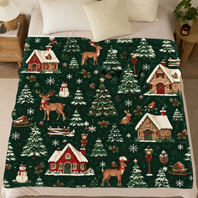 Couverture douillette sur le thème de Noël (1 pièce) – Imprimé paysage de village d'hiver, flocons de neige, rennes et bonshommes de neige ; douce et chaude, idéale pour le divan, le lit et le camping. Décoration artistique pour la maison, idée cadeau festive. Articles de literie et de sofa