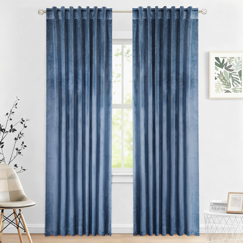 Soft Luxurious Velvet Back Tab Blackout Room Darkening Curtain Pair, 52" W x 96" L, Stone Blue