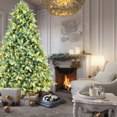 Arbre de Noël teinté bleu de 5 pi avec 300 lumières blanches chaudes, 1194 pointes Pe +, assemblage à charnières pour une installation rapide, support en métal, décoration unique des Fêtes colorée en bleu, installation simple des branches, base,