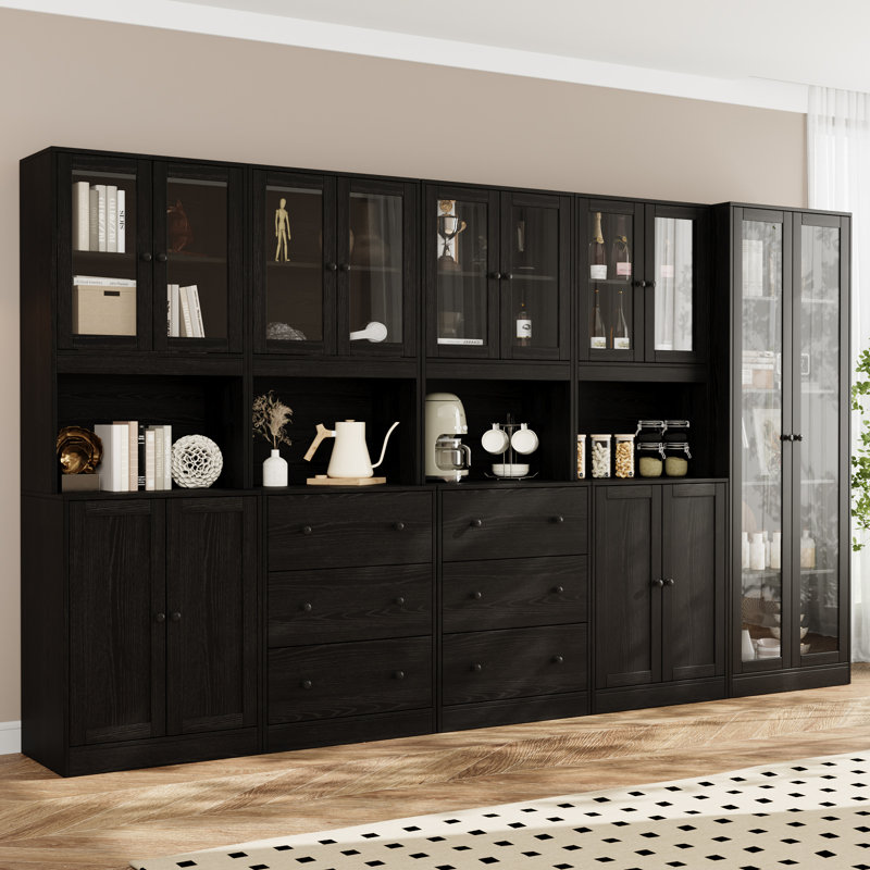 Book Cabinet Storage Bookcase, 5-Tier Modern Bookshelves With 3 Large Drawer And Glass Door(2A+2B+C), Black