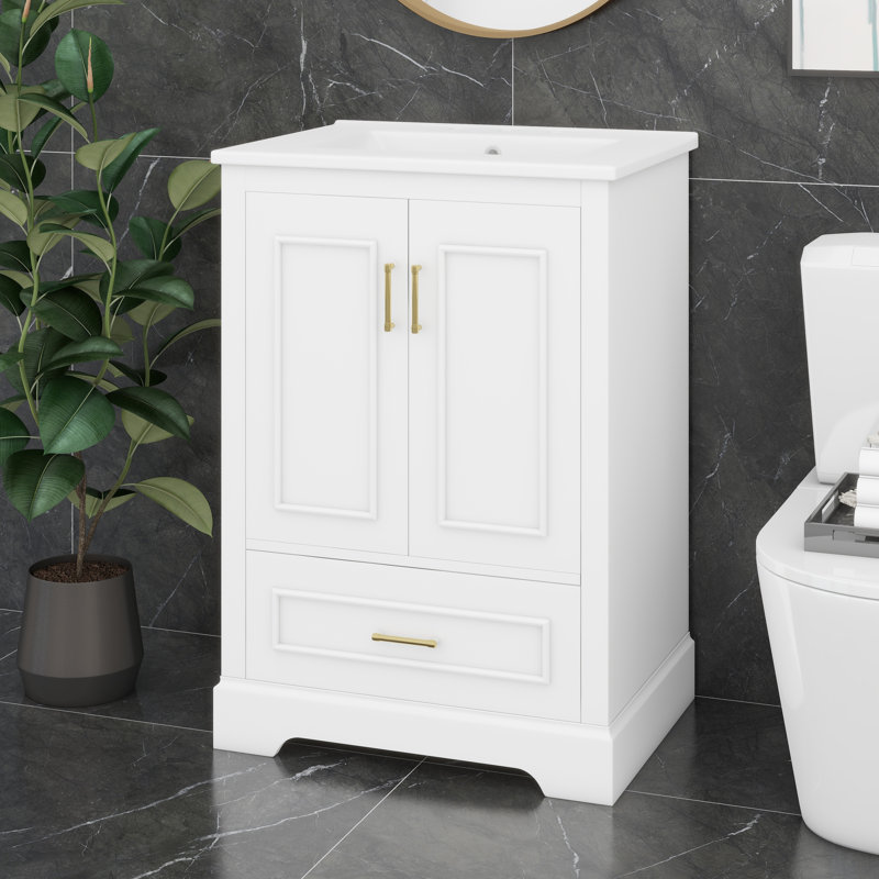 Meuble-lavabo en bois 24 po avec lavabo, meuble-lavabo simple autoportant avec tiroir divisé et 2 portes avec double tablette