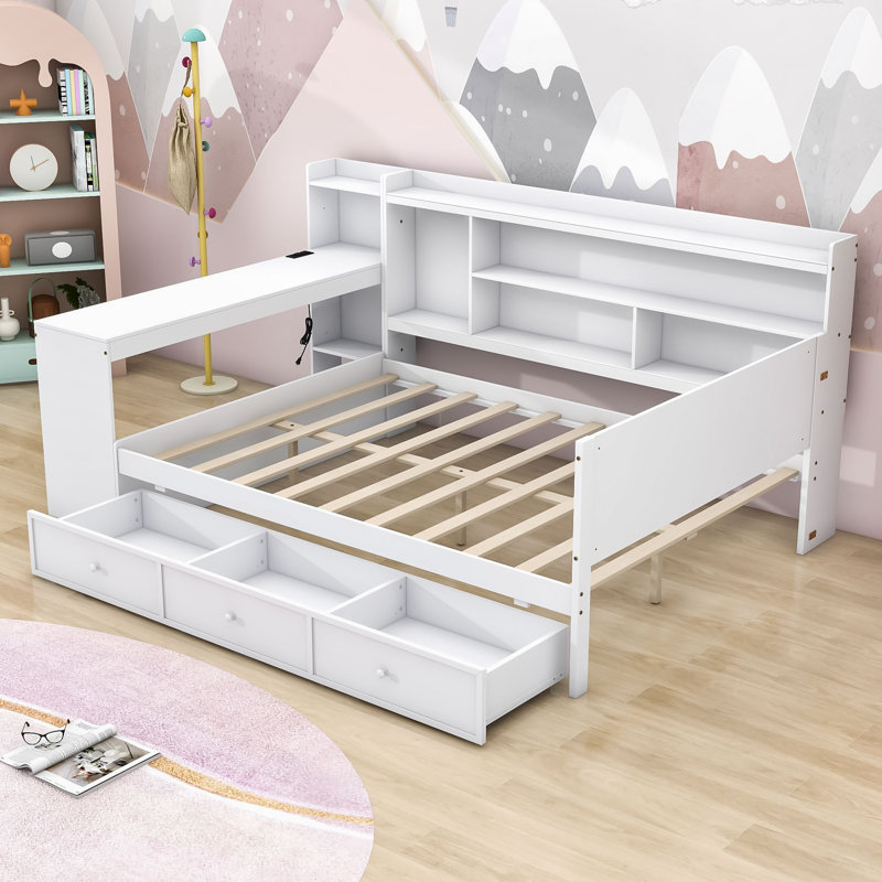 Lit de jour Assante avec bureau intégré et tiroirs de rangement intégrés, Double, Blanc