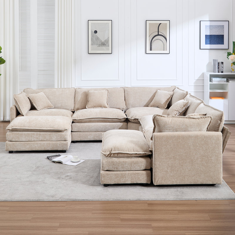 U Shaped Corner Modular Sectional Reversible Sofa Couch With Ottoman, Camel