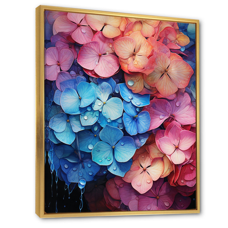 Hydrangées bleues et roses - Pétales surréels, H 32 po x l 16 po x P 1 po, Cadre flottant doré