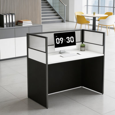 1 Person Cubicle Desk with Frosted Acrylic Privacy Partition, Office Desk Staff Desk Workstation, White