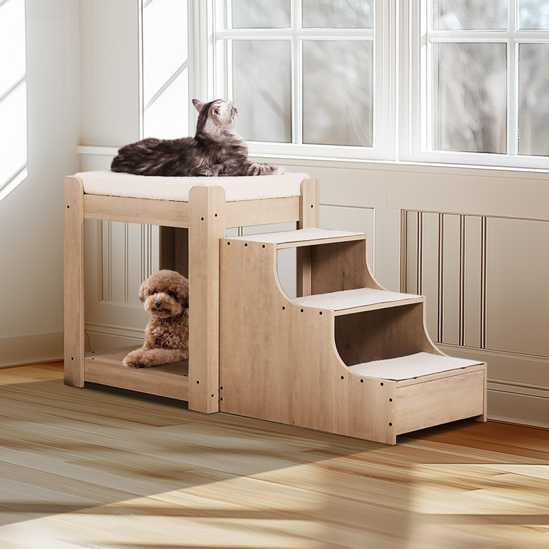 Lit superposé pour animal de compagnie avec escalier, perchoir de fenêtre pour chien / chat, canapé-lit à plusieurs niveaux pour lit de chevet, plateforme de siège surélevée avec coussin en mousse, canapé pour animal de compagnie (beige)