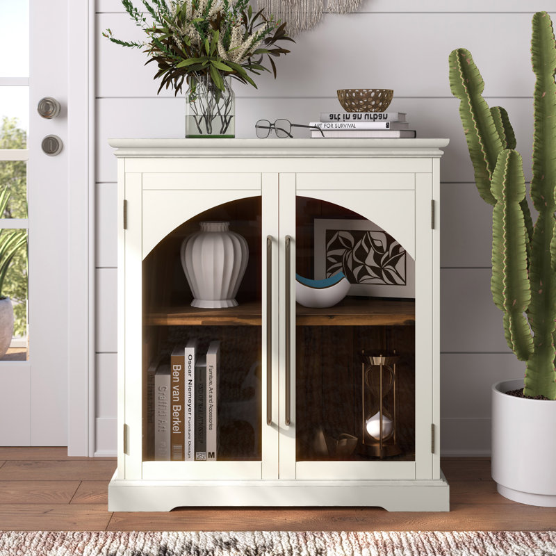 Sherree 33" Gothic Modern Arch Transitional Accent Storage Cabinet with Glass Doors, White