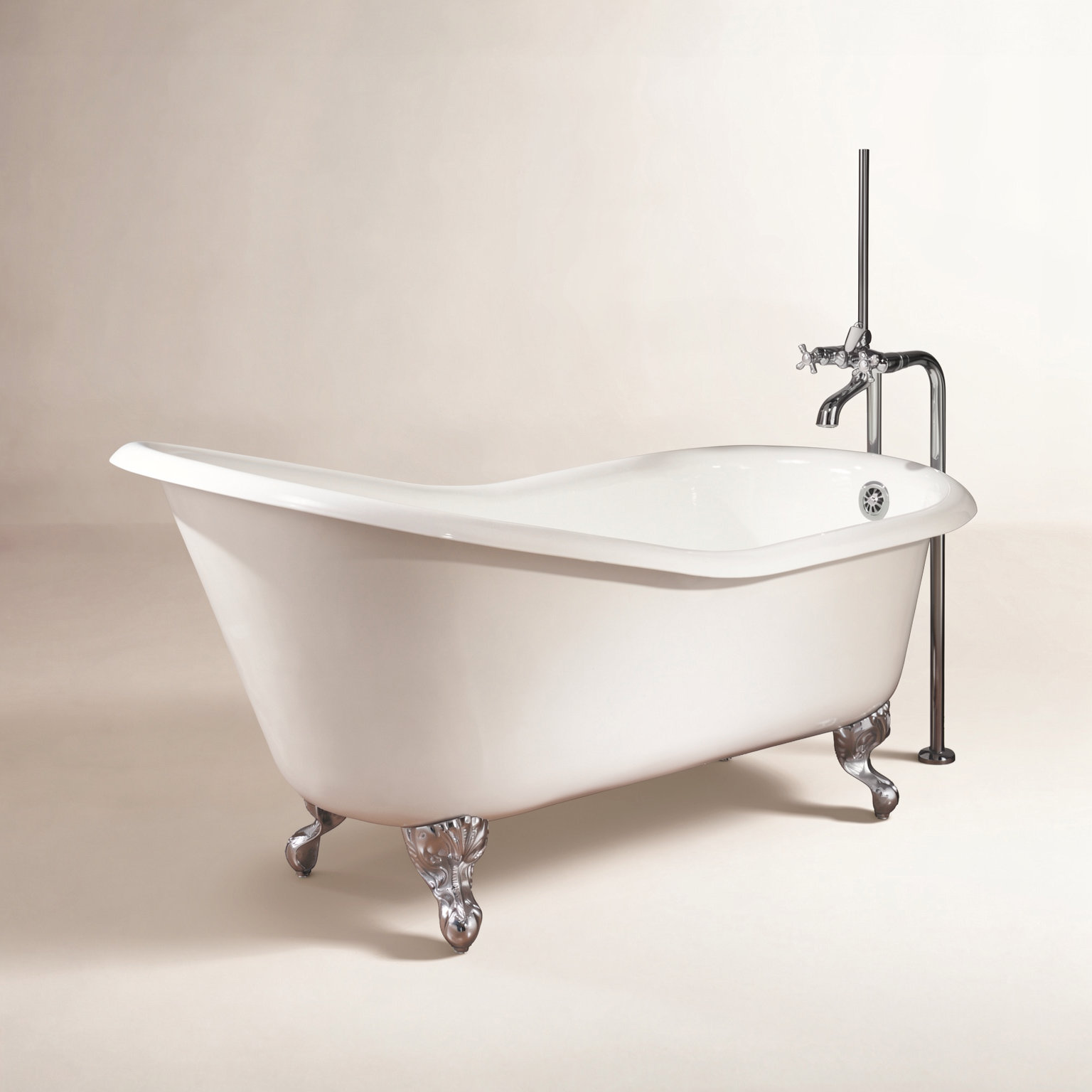 68" Freestanding Soaking Cast Iron Bathtub, Polished Nickel, White Interior with White Exterior