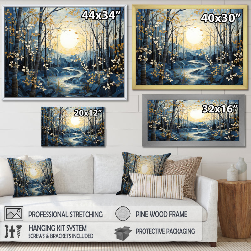 Birch Woods Mystic Moonlight V - Tree Birch, reproduction d'art mural, Cadre photo noir, H 16 po x l 32 po x P 1 po