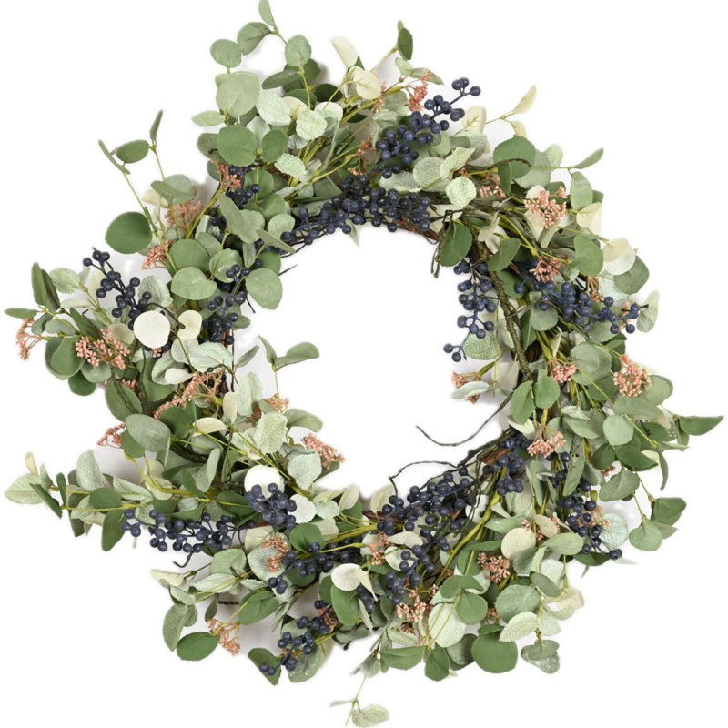 24" Farmhouse Artificial Eucalyptus Berry Spring Summer Wreath For Front Door