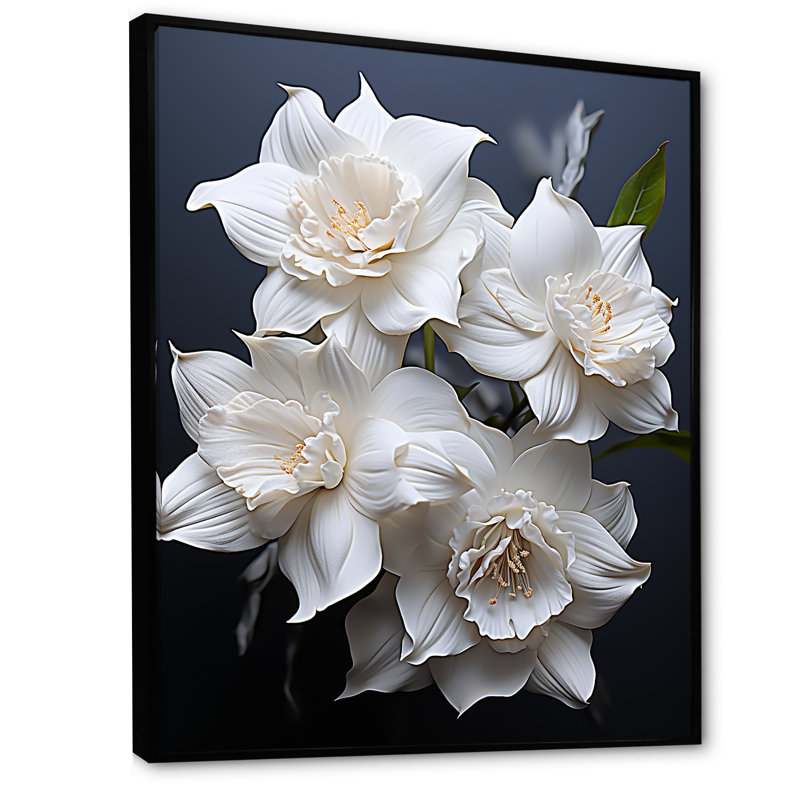Jonquilles blanches sur toile, Cadre flottant noir, H 44 po x l 34 po x P 1,5 po