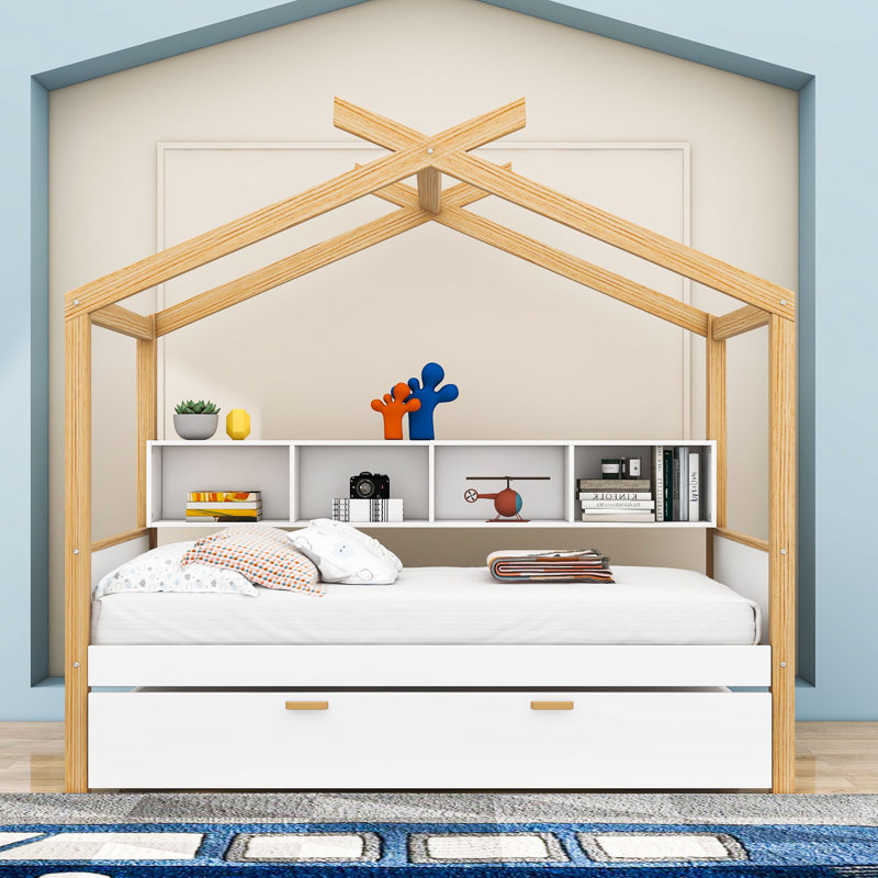 Lit simple en bois avec lit gigogne et tablettes de rangement