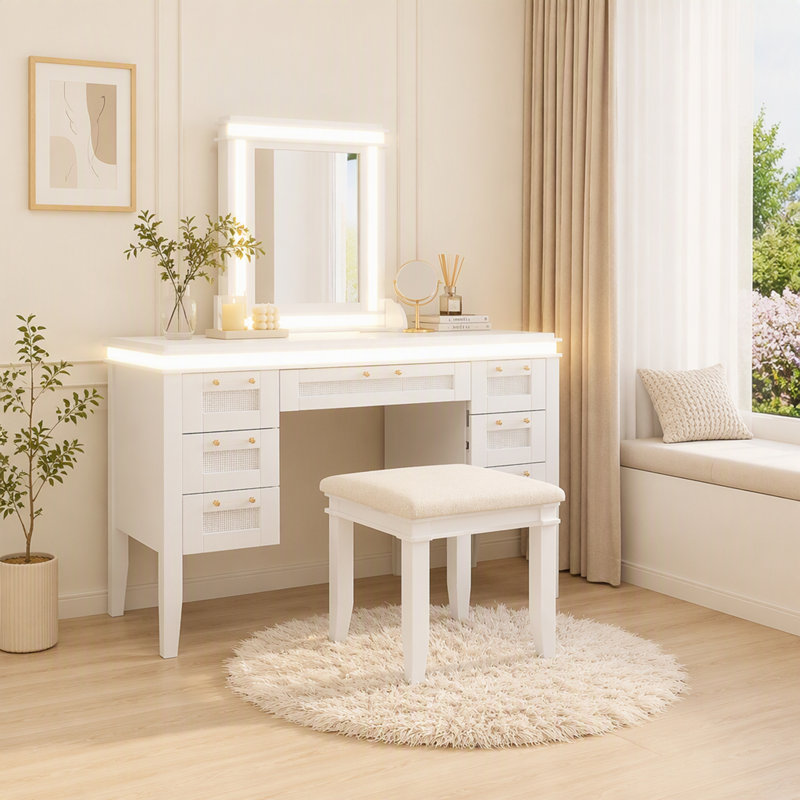 Coiffeuse de 122 cm avec miroir et éclairage, armoire de maquillage à 7 tiroirs avec tabouret rembourré, table de toilette avec tiroirs ajourés et pieds en bois d'hévéa, beige pâle