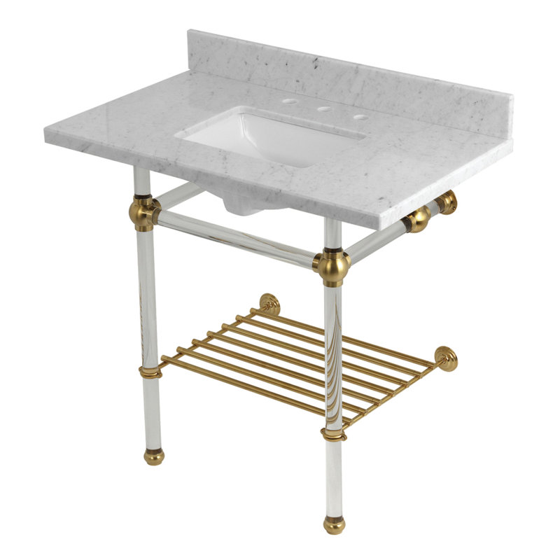 Kingston Brass Templeton 36-Inch Carrara Marble Console Sink with Acrylic Legs and Shelf (8-Inch, 3-Hole)
