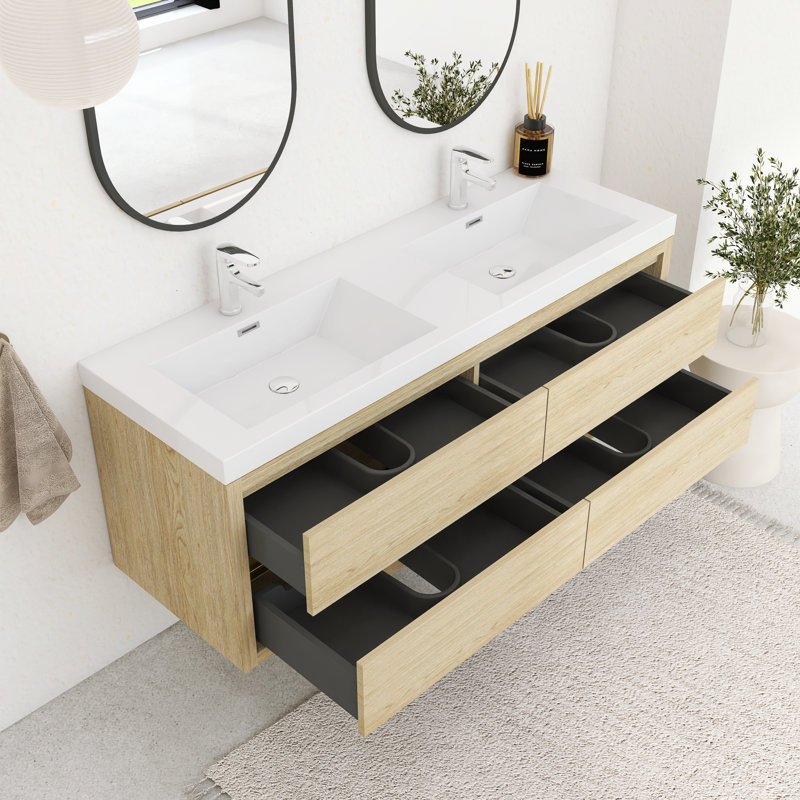 Ensemble de meuble-lavabo mural 60 po avec double lavabo double en résine, 60", Chêne naturel