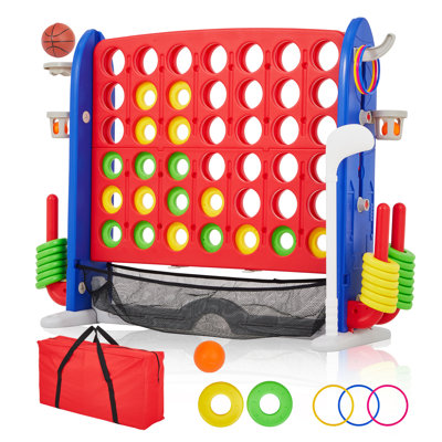 Ensemble de jeu de sol géant 4-in-a-range - 3 niveaux de hauteur réglable, planche en filet, basketball, golf, lancer d'anneau, sac de rangement - jeu de société en famille