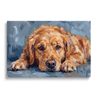 Tableau à l'huile multicolore sur toile représentant un golden retriever, portrait de chien au style pictural, idéal pour le salon, la salle à manger et la chambre.