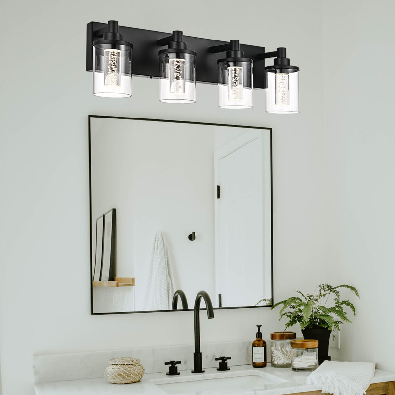 Éclairage pour salle de bain 4 lumières noires avec 5 modes de couleurs (3000K / 3500K / 4500K / 5000K / 6000K), luminaire de salle de bain à DEL avec protection oculaire, applique murale moderne à intensité variable sur miroir avec abat-jour en verre transparent