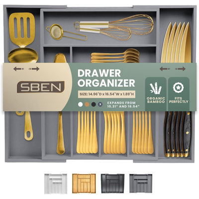Organisateur de tiroir extensible pour porte-ustensiles Sben, plateau à couverts réglable, 6 à 8 fentes, organisateur de séparateurs de tiroir en bois de qualité supérieure pour l'argenterie, couverts, couteaux de cuisine (blanc)