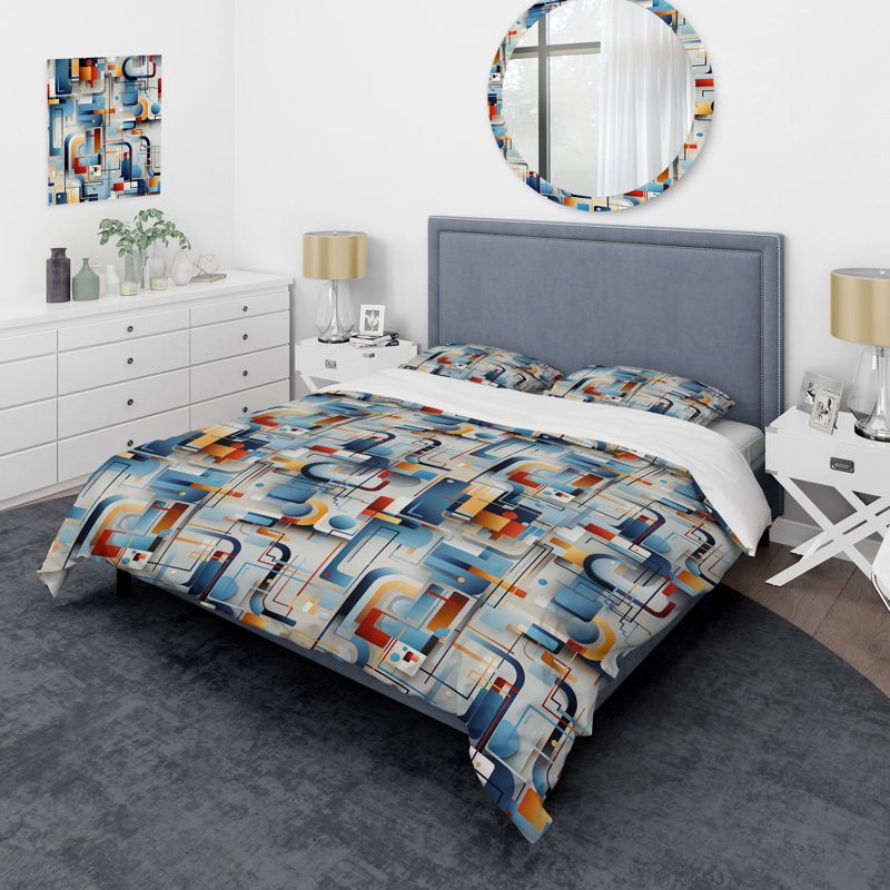 Blue Metropolis Matrix Pattern - Geometric Duvet Cover Set, Housse de couette pour très grand lit et 2 très