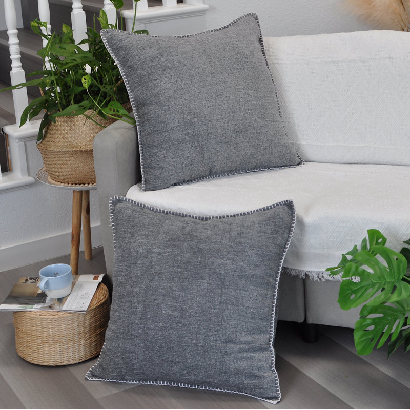 Gray Chenille Square Throw Pillow Covers with Piped Edges, Set of 2