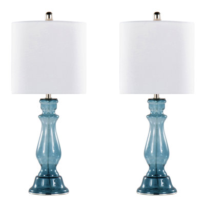 Lampe de table contemporaine en verre 25 "en verre ange bleu clair, nickel poli et abat-jour en lin blanc - ensemble de 2