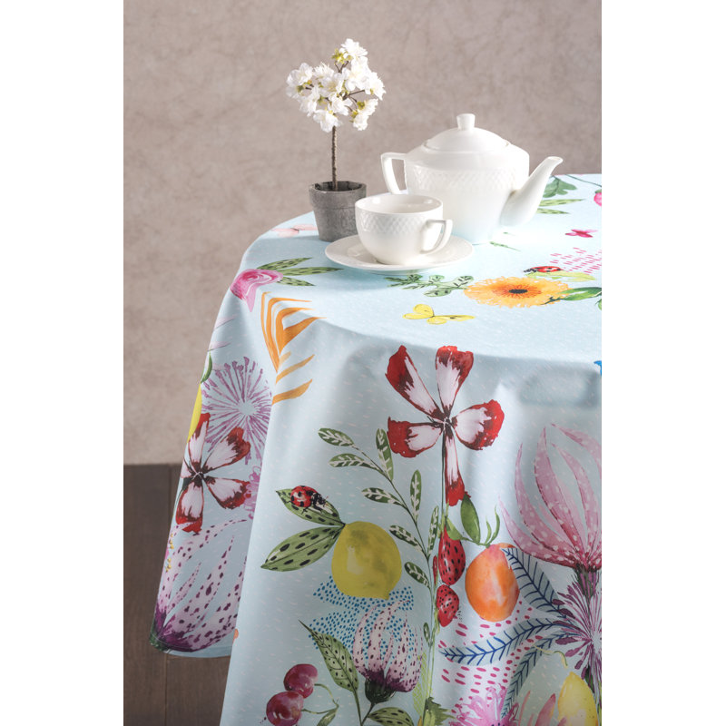 Floral 100% Cotton Round Tablecloth, Mint, 63" L x 63" W