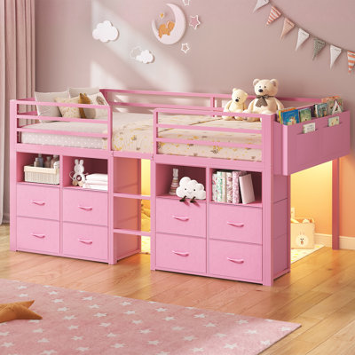 Lit mezzanine simple avec 8 tiroirs de rangement et tablettes de rangement ouvertes, lit mezzanine bas de taille simple avec lumières à DEL, escalier, lit en métal avec barrière de sécurité, peu encombrant, pas de sommier nécessaire