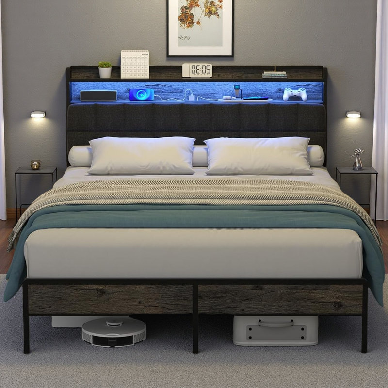 Base de lit plateforme moderne avec lumières DEL RVB et station de charge - tête de lit ergonomique, rangement sous le lit