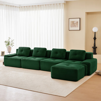 Canapé modulaire en forme de L de 153 pouces de longueur, tissu en velours côtelé, siège profond 4 places, repose-pieds mobile, passepoil perlé, conception capitonnée, sans assemblage, base antidérapante
