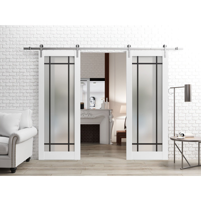 Sturdy Double Barn Door With Frosted Glass | Planum 2112 | 13FT Silver Rail Hangers Heavy Set | Modern Solid Panel Interior Doors -Silver Rail
