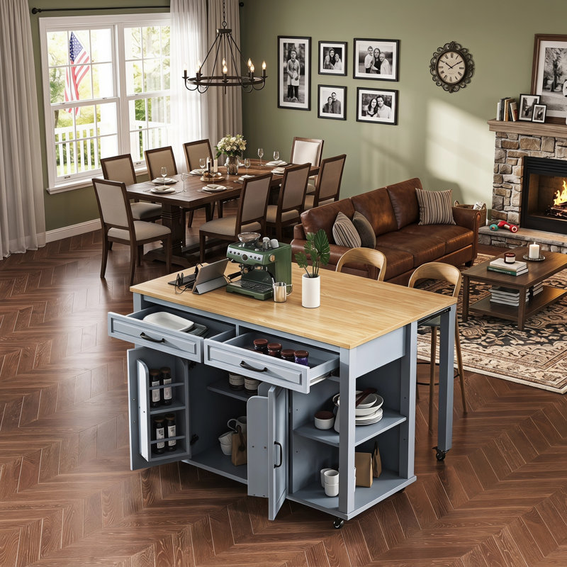 Chariot d'îlot extensible gris bleu 47 po, fabrication en placage de bois d'hévéa, station de charge intégrée, étagère intérieure, double tiroir et armoire de rangement à deux portes