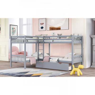 Twin L-Shaped Bunk Bed With Drawers-Gray