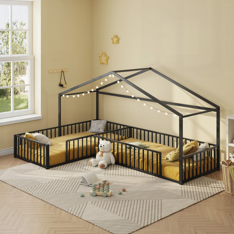 Double lit simple en L Montessori, structure en métal avec clôtures cloisonnées, lit de plancher de style maison pour 2 enfants, sans lattes, noir