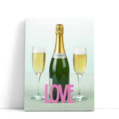 «Champagne Bottle and Glasses with the Letters Love», reproduction d'art sur toile