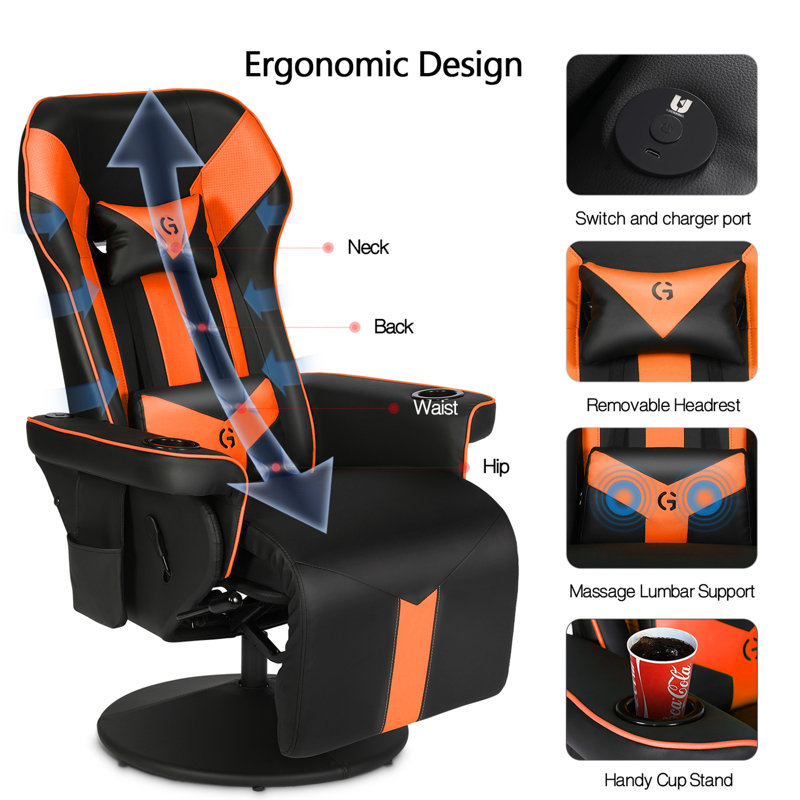 Inbox Zero Reclining Ergonomic Swiveling PC & Racing Game Chair with Built-in Speakers and Footrest, Black/Orange