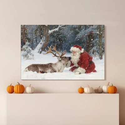 1pc Framed Broxton Painting Santa Claus, reindeer, snowy forest, realistic oil painting style Decor Print Vintage Wall Poster Home Decor Perfect Gift