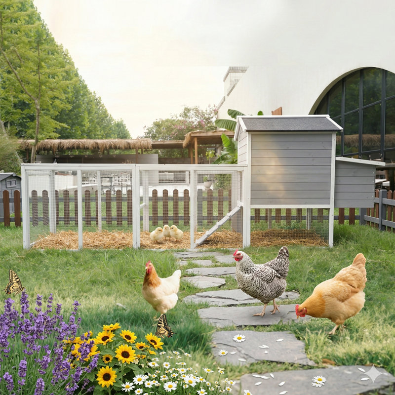 Spacieuse unité principale, poulailler en bois gris, grand abri extérieur pour poule avec compartiment de nidification et de nage, polyvalents pour les lapins, panneaux résistants aux intempéries et aux rayons UV pour le jardin