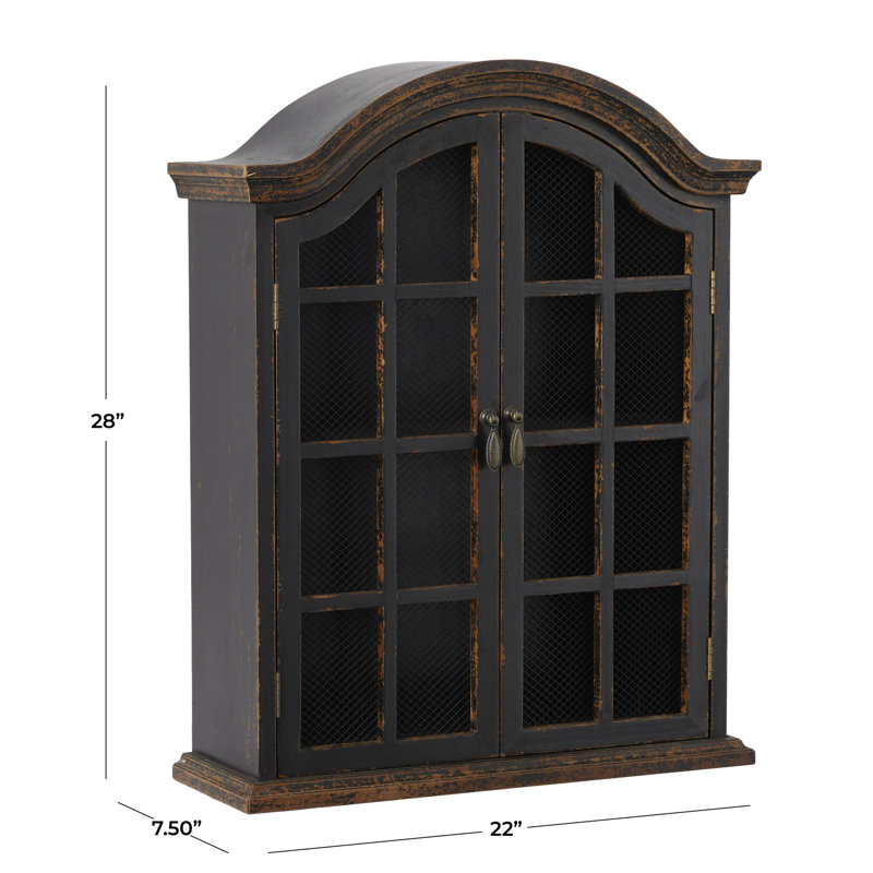 Ollert Wood Distressed 1 Shelf and 2 Door Wall Shelf with Arched Shutter Doors, Black