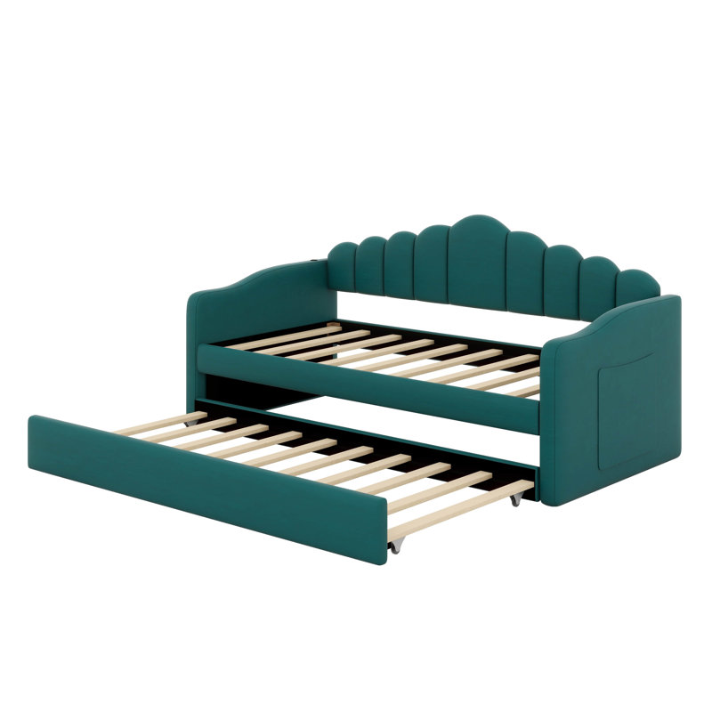 Twin Size Upholstered Daybed With Trundle,Velvet Sofabed With USB & Type-C Charging Ports, Side Storage Bag, No Box-Spring Needed