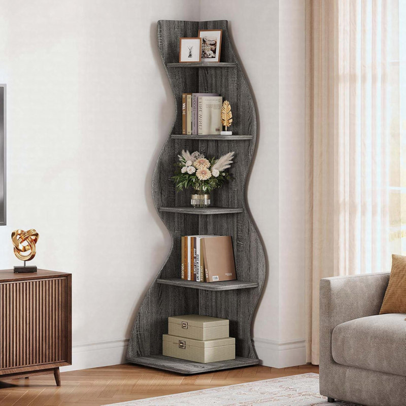 Bibliothèque d'angle à 5 niveaux 69,8 po avec support pour plante, petit espace, Gris